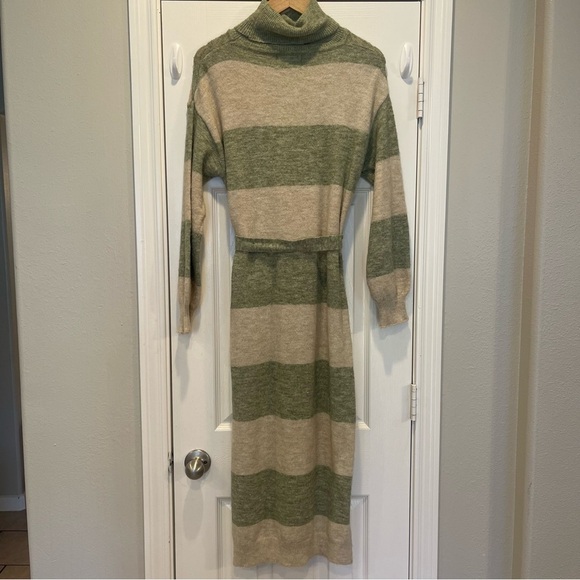 FRNCH Diana Midi Sweater Dress Women’s Small Striped Green Cream Slits Belted - Picture 3 of 11